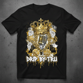 Drip by Tru hip hop collage graphic t-shirt with crown, mic, chains, and city skyline