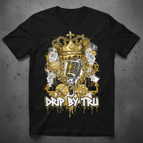 Drip by Tru hip hop collage graphic t-shirt with crown, mic, chains, and city skyline