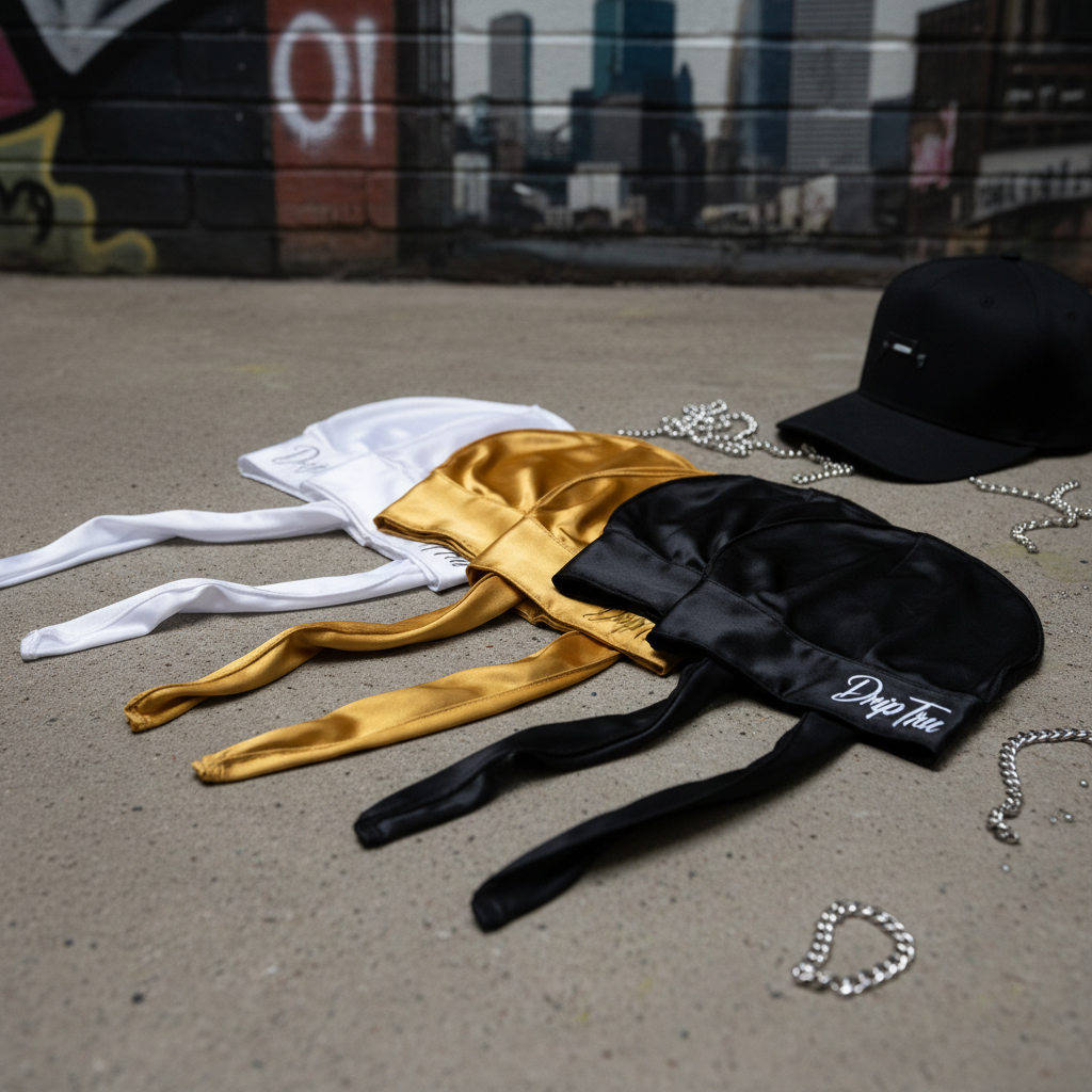 Drip by Tru wave durags in black, white, and gold colorways